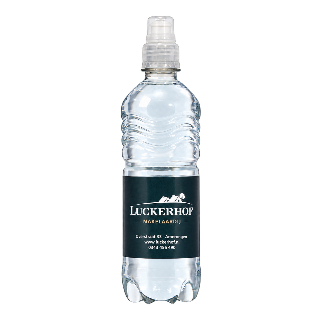 Fles bronwater van 50 cl met transparante sportdop en eigen etiket