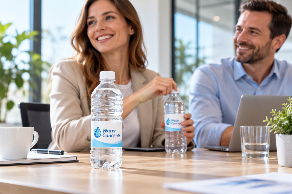 Water Concepts waterflessen met eigen etiket tijdens een zakelijke bijeenkomst