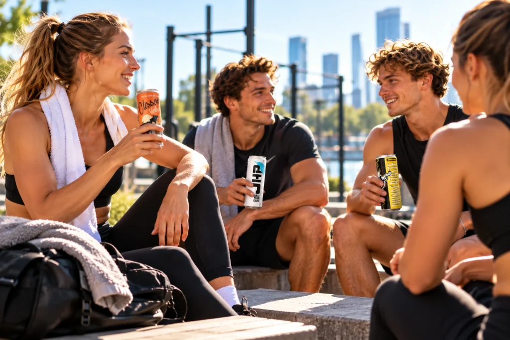 Sportliche Freunde am Wasser mit Getränkedosen mit eigenem Etikett
