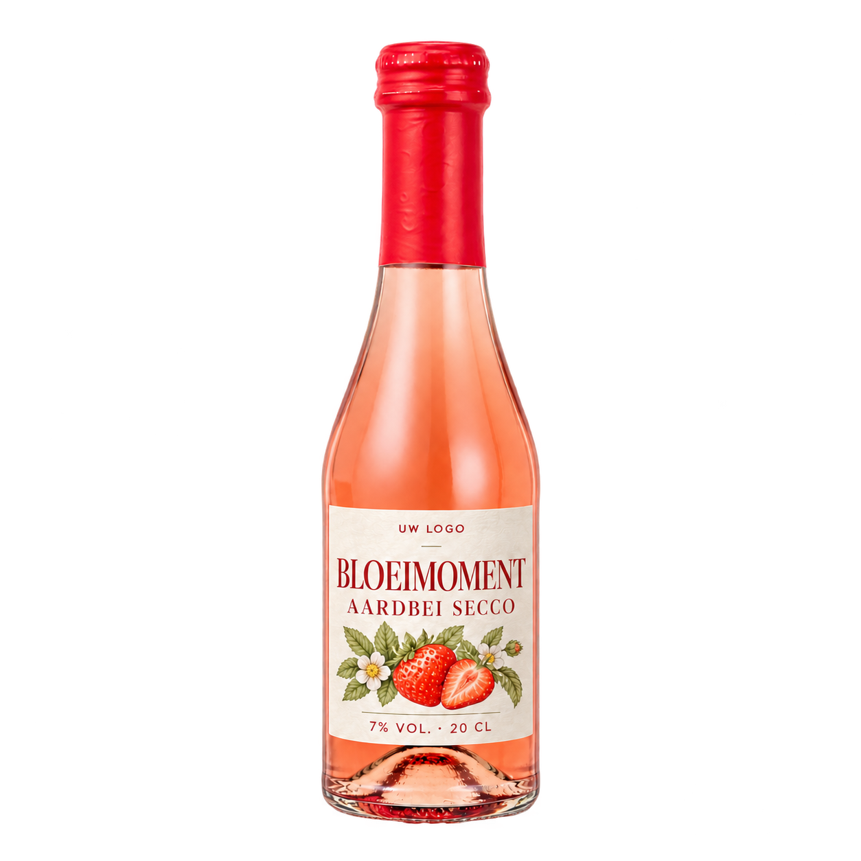 Erdbeer Secco 20 cl met eigen voorbeeldetiket Bloeimoment, 7% alcohol